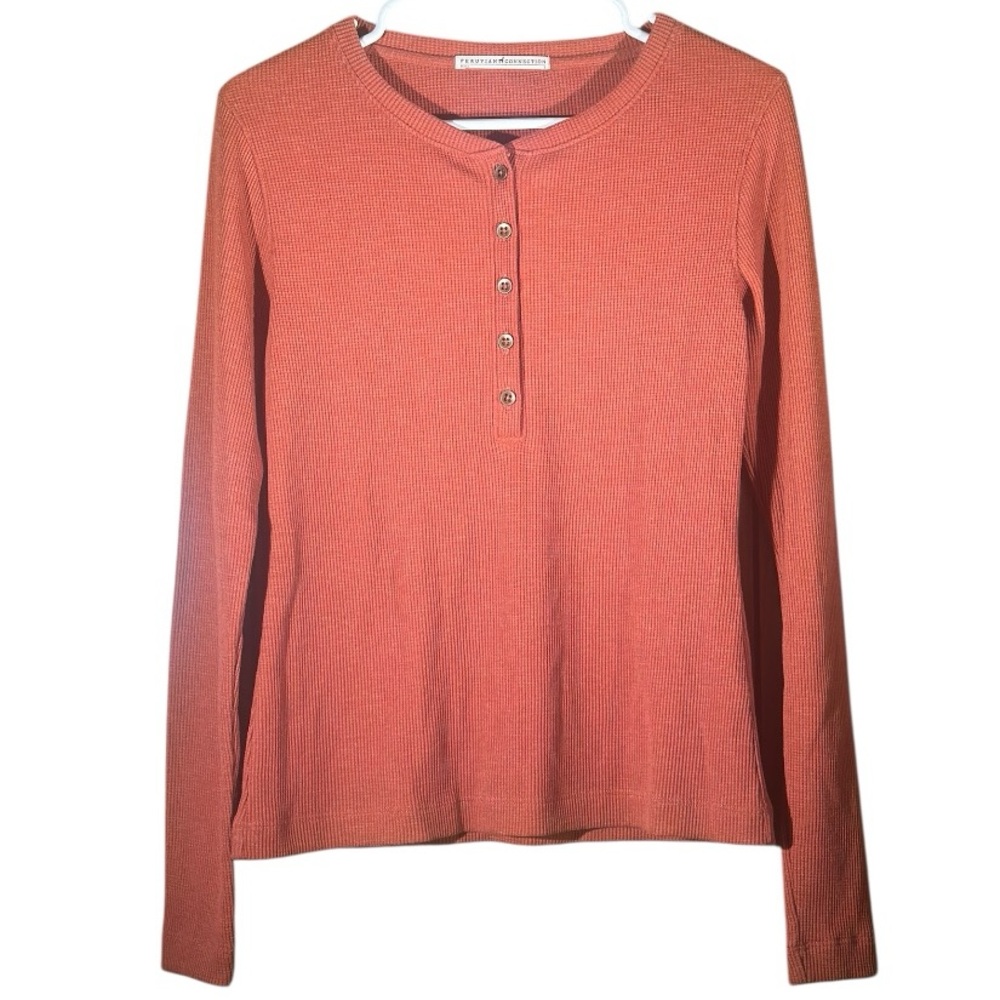 Peruvian Connection Coral Long Sleeve Waffle Knit Henley Top Size Small